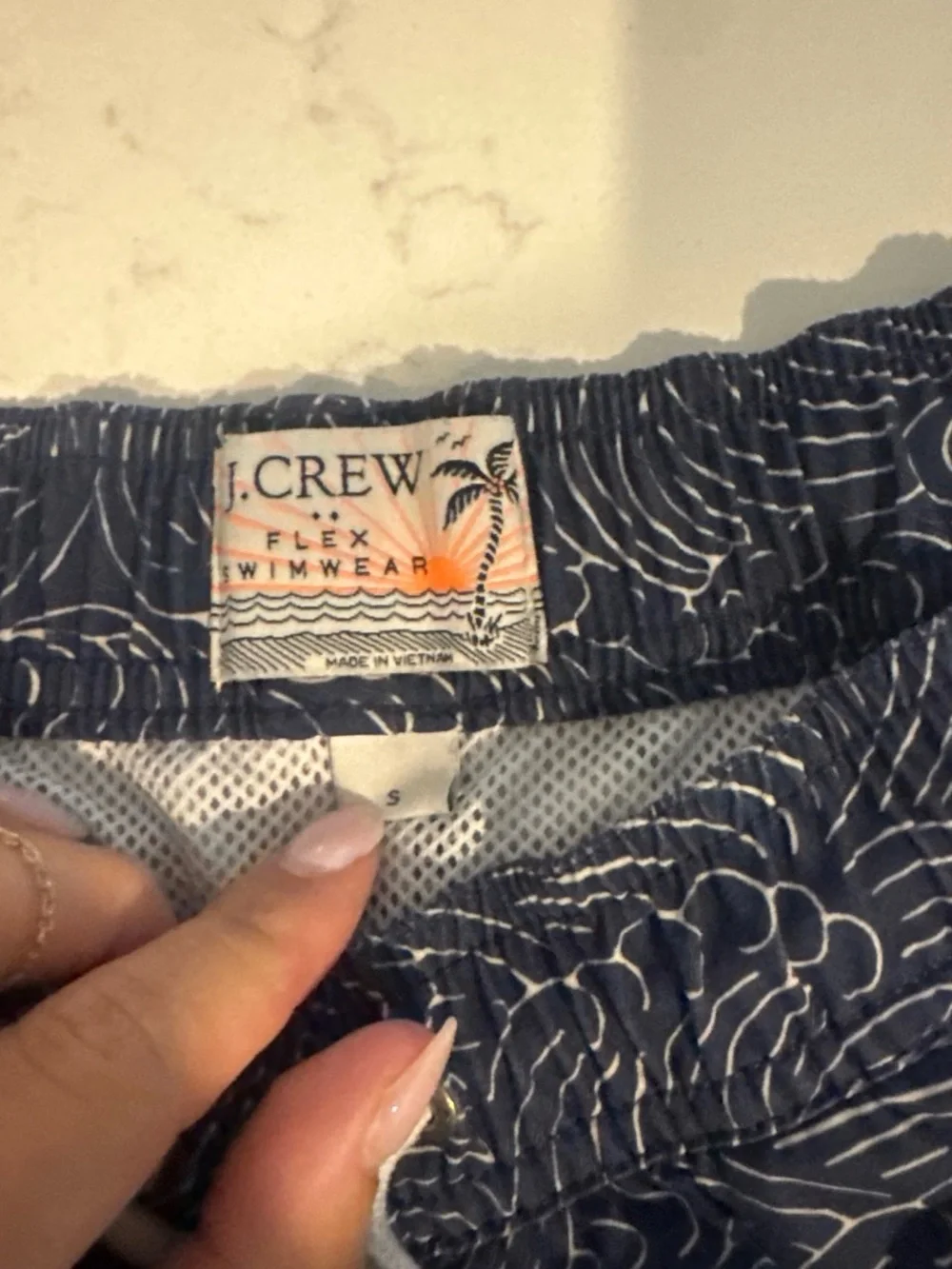 J. Crew Navy Swim Shorts with White Wave Print